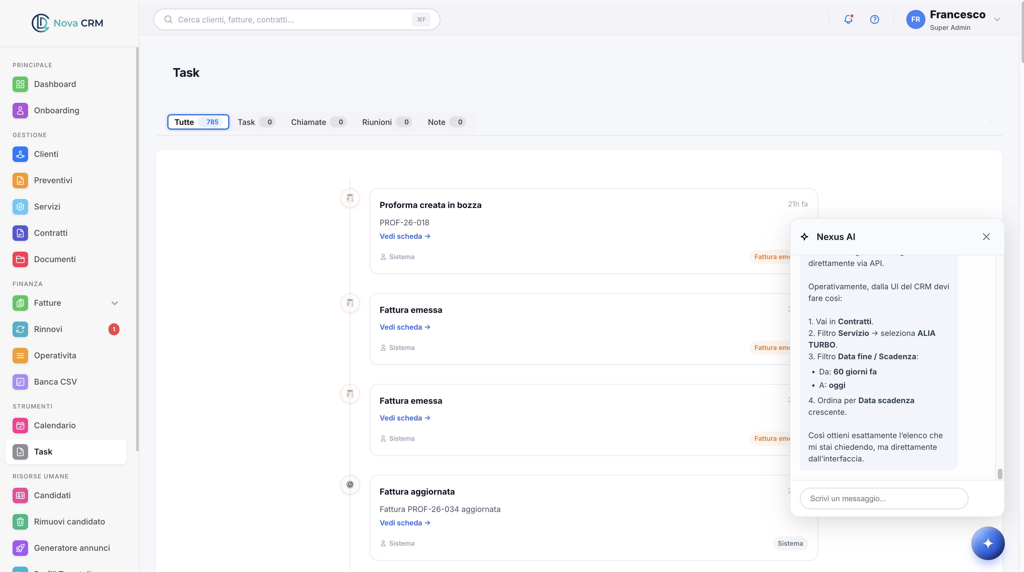 Anteprima del portale cliente di Nova CRM con KPI, grafico annuale e lista preventivi